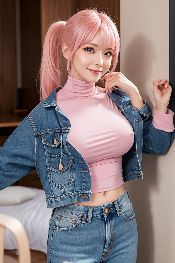 (masutepiece), (Best Quality), Realistic, Photorealism, 1girl in, Beautiful Girl, Perfect face, Perfect body, Sexy, (((Wearing only a pink MA-1 jacket)))、(((Do not close the zipper))),(( No bra, Braless)), Smile、(Taut)、Toned waist、fascinating butt、(((Don't wear panties)))、(((Wearing MA1 jacket only)))、Wearing a pistol holder on the thigh、Smile full of happiness、Attractive pretty woman、Detailed cute big blue eyes、Detailed cute face、complexion with good blood circulation、pink cheek、Medium Hair、(((stick out)))、 (Pink  )、(((The upper body is almost naked,)))、(((Pubic hair is visible in the crotch)))、(((Lower body naked)))、(((Panoramic view of the lower body)))、(((Trying to hide the crotch with your hands)))、Big beautiful blue eyes、Lots of patches and stickers on the jacket、Realistic、reallistic、((Realistic Women))、beauitful face、(((Big beautiful blue eyes)))、((fullnude))、((You can see the whole body))、((Black garter belt))、(((Squat with your legs open)))、((((During sex))))、(((SEX)))、(((Expression in a state of excitement)))、(((yawning being)))、(((Full body like)))、Cowgirl