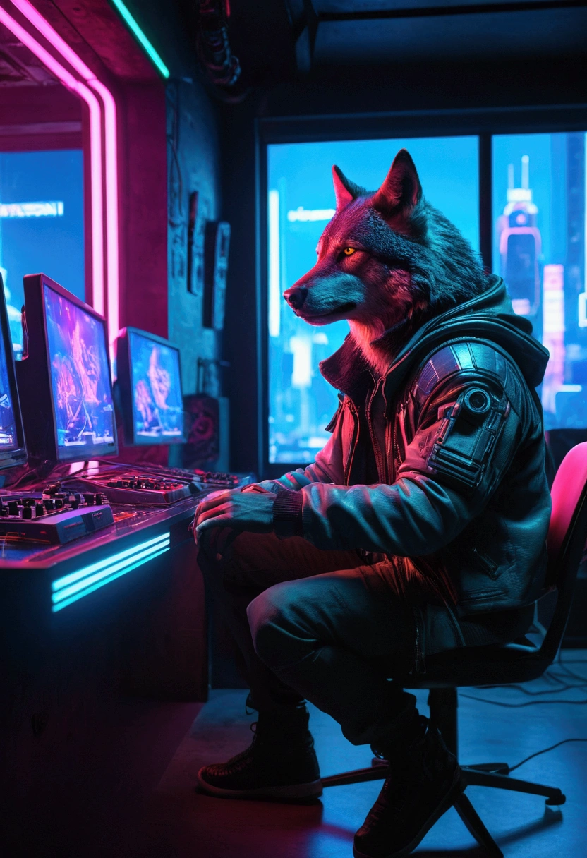 a lone wolf playing sci-fi video games, highly detailed, dynamic composition, cinematic lighting, bright neon colors, vibrant cyberpunk atmosphere, depth of field, 1 person, gaming setup, high tech console, floating displays, glowing neon lights, detailed facial features, intense expression, dramatic pose, ultramodern interior, large window, cityscape outside, reflection on glass, photorealistic, octane render, unreal engine, 240p