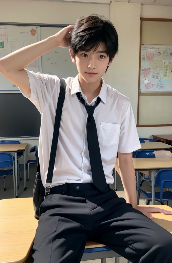 One boy、Beautiful Boy、18-year-old、Japanese Boy、Beautiful Boy、Black Hair、classroom、White underwear、Change of clothes