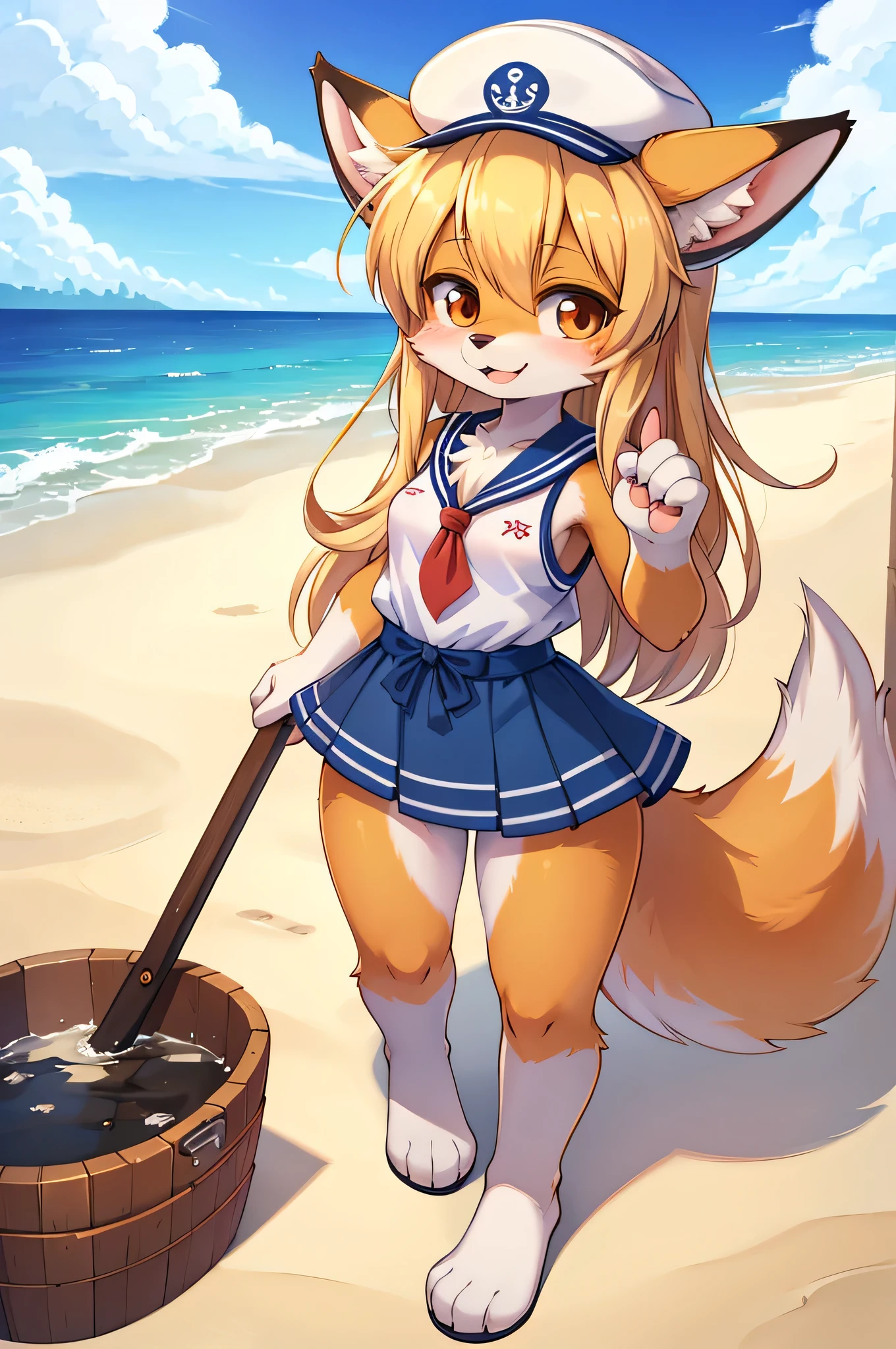 Cartoon fox wearing sailor suit and hat on the beach,girl, Official Art, furry animal with a tail, High resolution consignment, Furry Anime, Fursona Art, High quality anime art style, Zerochan Art, Full Body Commission, very very beautiful fur art, artstation pixivでトレンド, fur art!!!, Fox's Tail, fursona fur art commission