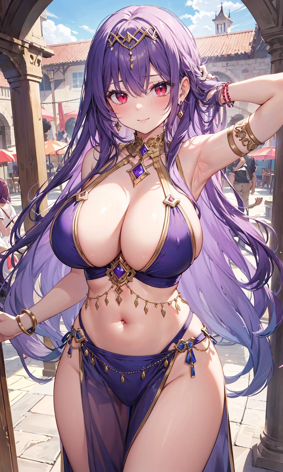 high quality, ultra detailed, best quality, insanely detailed, beautiful, masterpiece, 1girl, medieval plaza, cowboy shot, red eyes, long hair, purple hair, belly dancer, circlet, earrings, armlets, bracelets, bashful smile, large breasts, cleavage, soft stomach