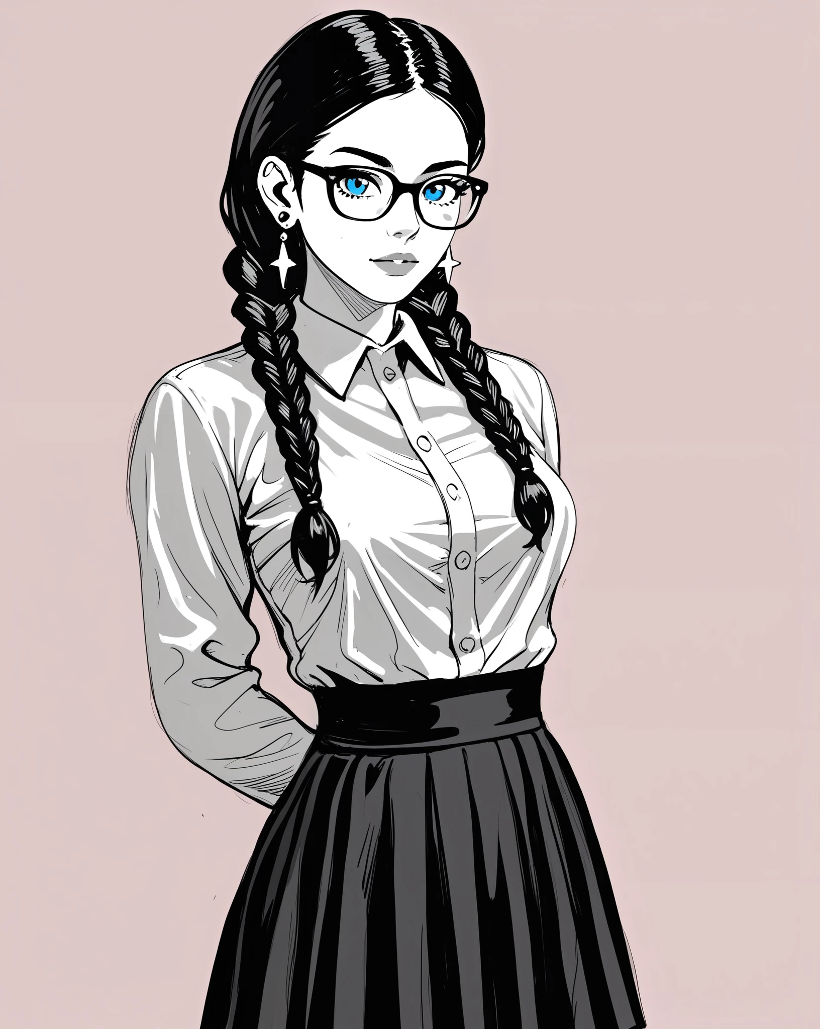 masterpiece,best quality,4K,8K,age,monochrome, hatching shading texture, sp1t, \(medium\),fkey70, 1girl,solo,arm behind back,arms at sides,looking at viewer, standing,dark hair, braids,earrings,blue eyes,glasses, collared shirt,long sleeves,black skirt, simple background, upper body,