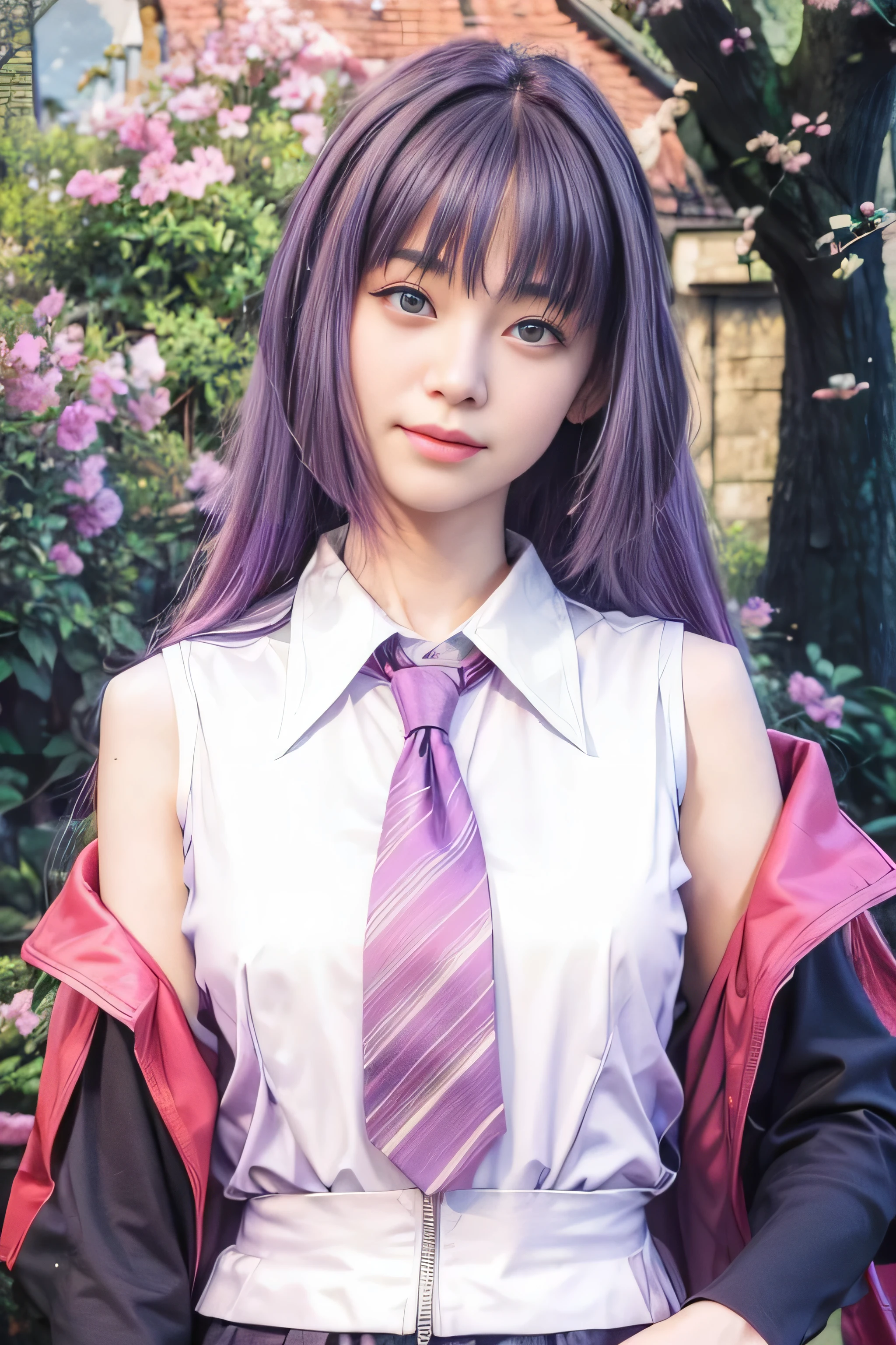 masterpiece, best quality, (realistic,photo-realistic:1.4), (RAW photo:1.2), extremely detailed CG unity 8k wallpaper, delicate and beautiful, amazing,finely detail, official art, absurdres, incredibly absurdres, huge filesize, ultra-detailed,extremely detailed eyes and face,light on face,sumire kakei,(little smile),(purple hair:1.4),(long hair:1.6),(wearing sleeveless shirt:1.5),red jacket,garden,(necktie;1.3),nature