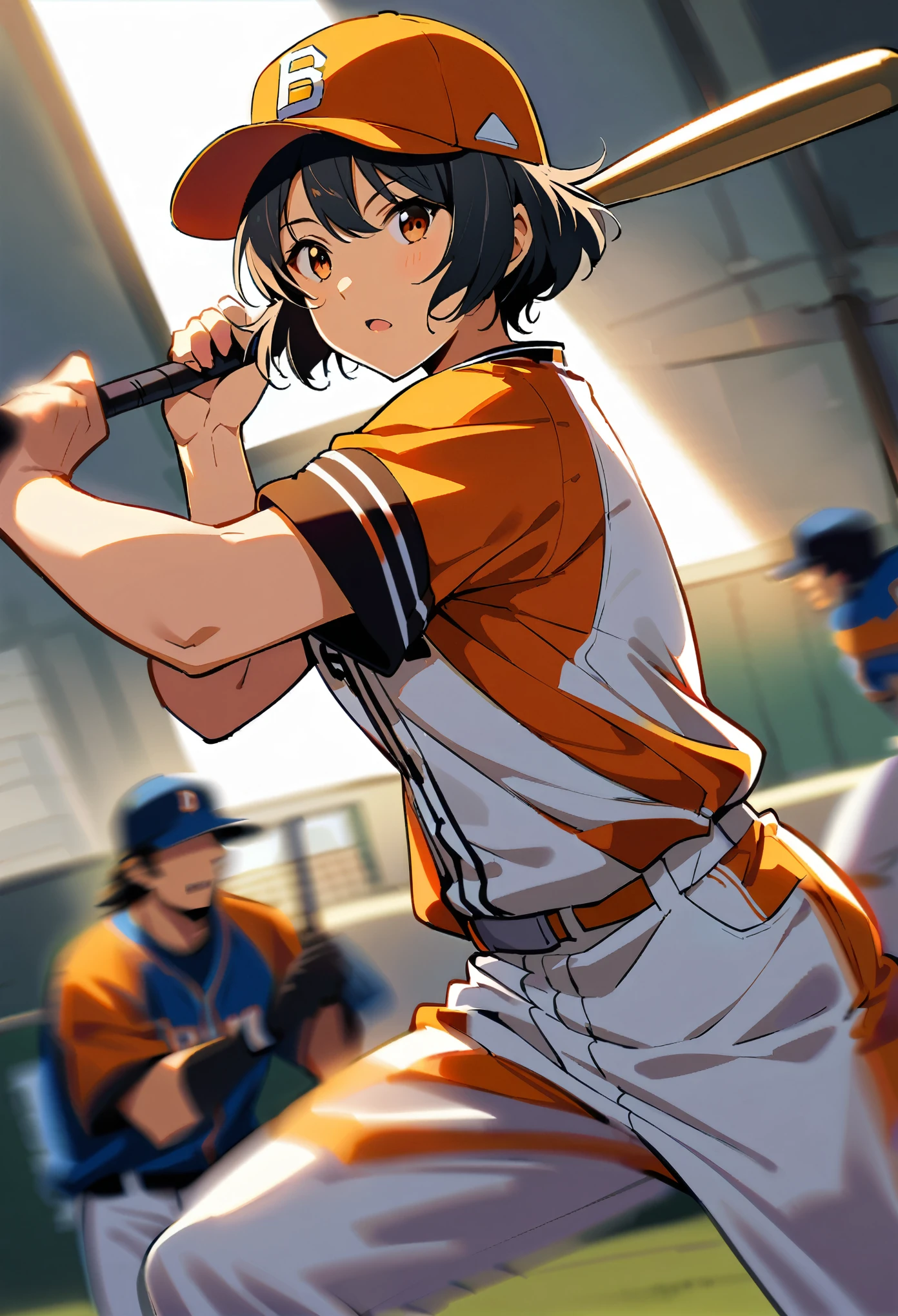 ((1 Female, Pro baseball player)), Black Hair, short hair, Brown eyes, Saitama Astraia, ((Baseball Player:1.2, Bat Swing, Motion Blur Effect)), Orange and white baseball uniform, Pants Style, Baseball Cap, Batter's swing, ((Detailed bat, Wooden bat)), Sharp Eyes, Accurate batting, The ball flies in an arc, Stadium frenzy, Back screen and scoreboard, Cheering squad in the audience, Lively atmosphere, Dynamic Angle, stadium lighting, ((Anime illustration)), (Highest quality:1.2, Very detailed, Ultra-high resolution, High Detail, masterpiece:1.2, Best aesthetics).