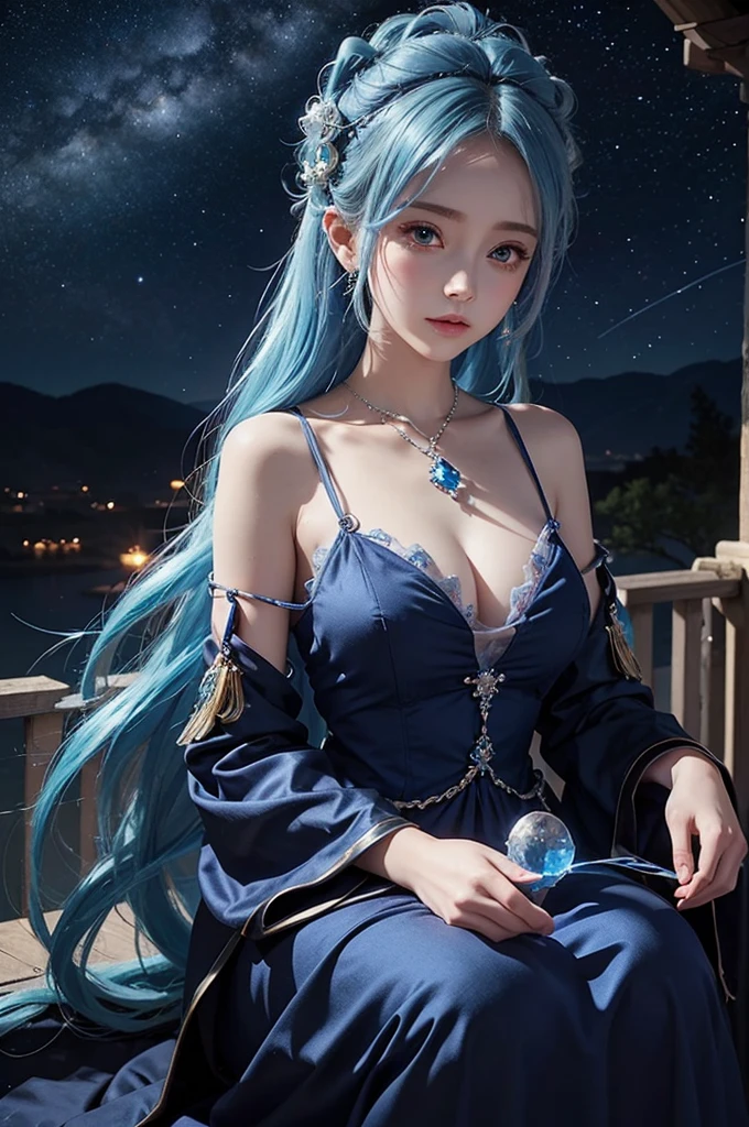 Ultra HD、A beautiful blue-haired character、Holding a blue crystal in both hands、Cute big eyes、close、Red burning cheeks、Night scene with starry sky background、fortune teller、Wearing a gorgeous dress、Subtle details、A fantastic atmosphere、Anime style