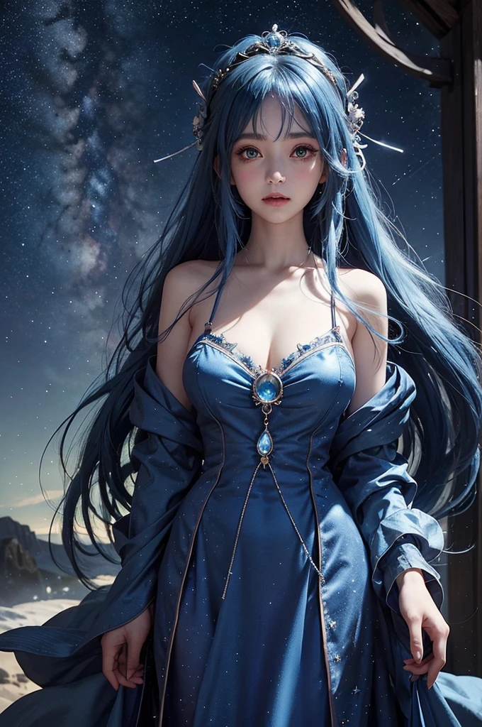 Ultra HD、A beautiful blue-haired character、Holding a blue crystal in both hands、Cute big eyes、close、Red burning cheeks、Night scene with starry sky background、fortune teller、Wearing a gorgeous dress、Subtle details、A fantastic atmosphere、Anime style