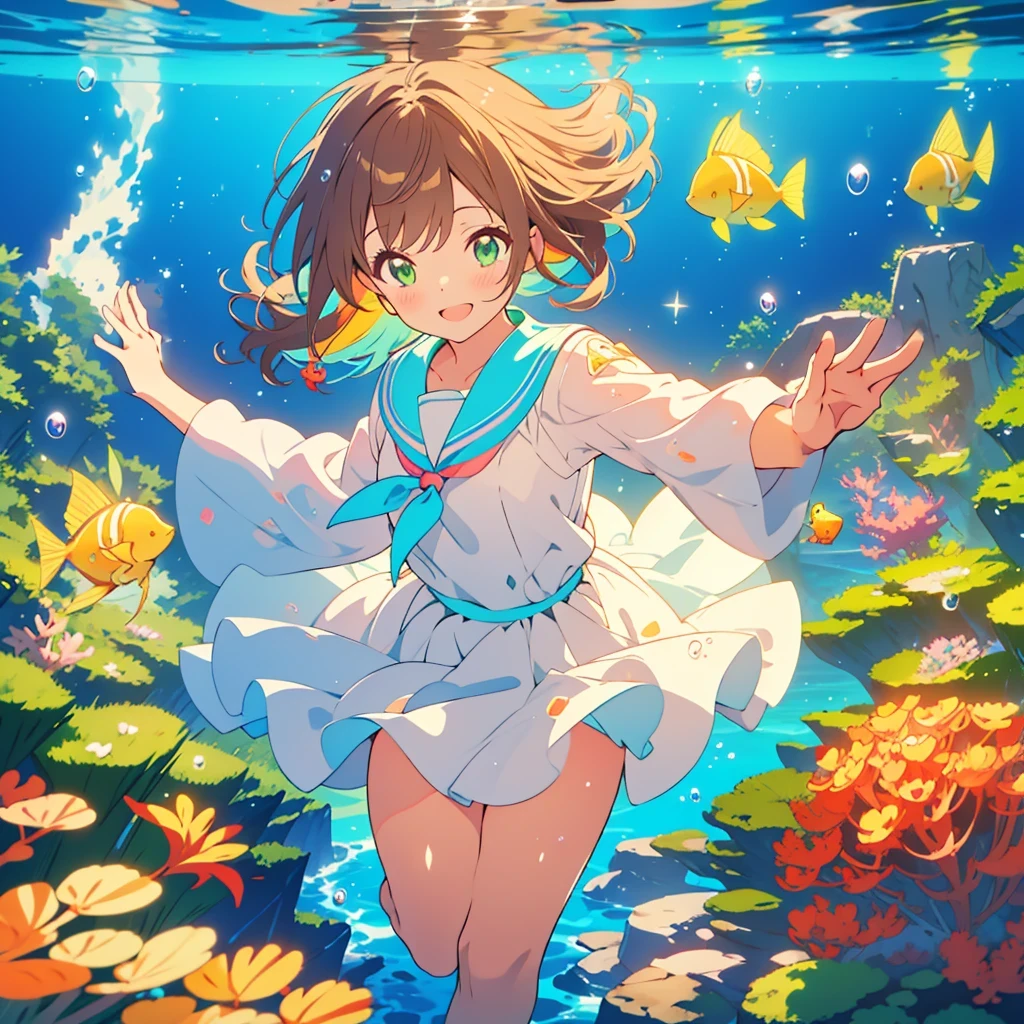 kawaii, anime, Cute, hyper quality, highly detailed, 8k, Front facing, Clarity, brown long hair, green eyes, smile, sailor suit, the skirt flaps, In the water, Pose with movement, countless bubbles, wrapped in bubbles, light shines in, underwater, rainbow light effect, Fantastic, particles of light, 10 colorful small tropical fish, twist your body, shining in rainbow colors, vivid sea, sea swell, In the bright sea, Uplifting, school of small fish, Bubbles of various sizes, Colorful light, Clearly depict facial expressions, Draw 5 fingers, sink into the sea, The background is a view of the deep sea, no background, rainbow colored coral reef, richly colored light, barefoot, The bottom of the sea,