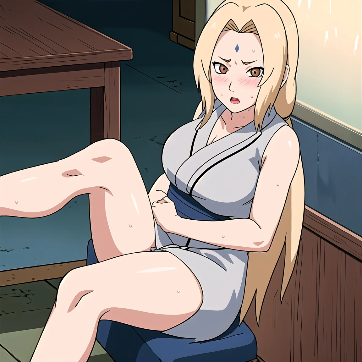 Tsunade , Brown eyes , Blonde hair , Forehead Mark , (8K, RAW photos, best quality, masterpiece:1.2), (Intricate details), Perfect eyes, Perfect face, Perfect lighting, beautiful, (masterpiece:1.2), (best quality:1.2), 1 Girl, White shirt , Denim shorts ,  ,（（blush，nervous，Vision，classroom，bookshelf，sit on the chair，））masterpiece， absurd ， （Intricate details）， （Colorful）， light， Extremely detailed CG unity 8k wallpaper ，1 Girl， solo，（shy，classroom，night，blush，nervous，Sweating，蕾丝dress， ），sweat，blush，blush1.5，Blush，Medium chest，（（dress，Black stockings，）），（dress，Lying in bed，Uncomfortable expression，Mouth open，spit）