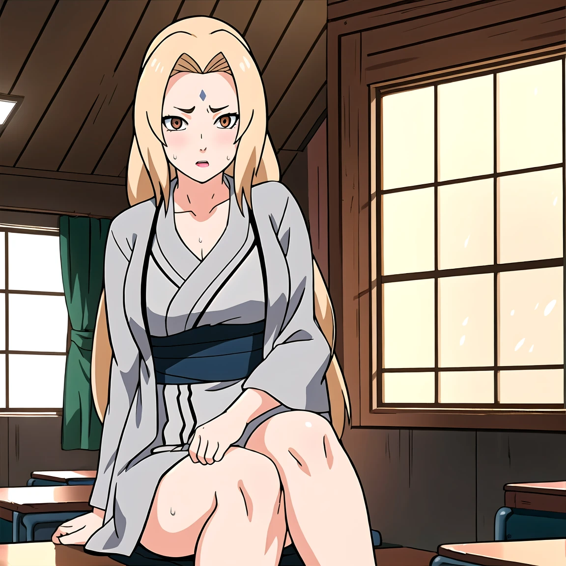 Tsunade , Brown eyes , Blonde hair , Forehead Mark , (8K, RAW photos, best quality, masterpiece:1.2), (Intricate details), Perfect eyes, Perfect face, Perfect lighting, beautiful, (masterpiece:1.2), (best quality:1.2), 1 Girl, White shirt , Denim shorts , ,((blush,nervous,Vision,classroom,bookshelf,sit on the chair,))masterpiece, absurd , (Intricate details), (Colorful), light, Extremely detailed CG unity 8k wallpaper ,1 Girl, solo,(shy,classroom,night,blush,nervous,Sweating,蕾丝dress, ),sweat,blush,blush1.5,Blush,Medium chest,((dress,Black stockings,)),(dress,Lying in bed,Uncomfortable expression,Mouth open,spit)