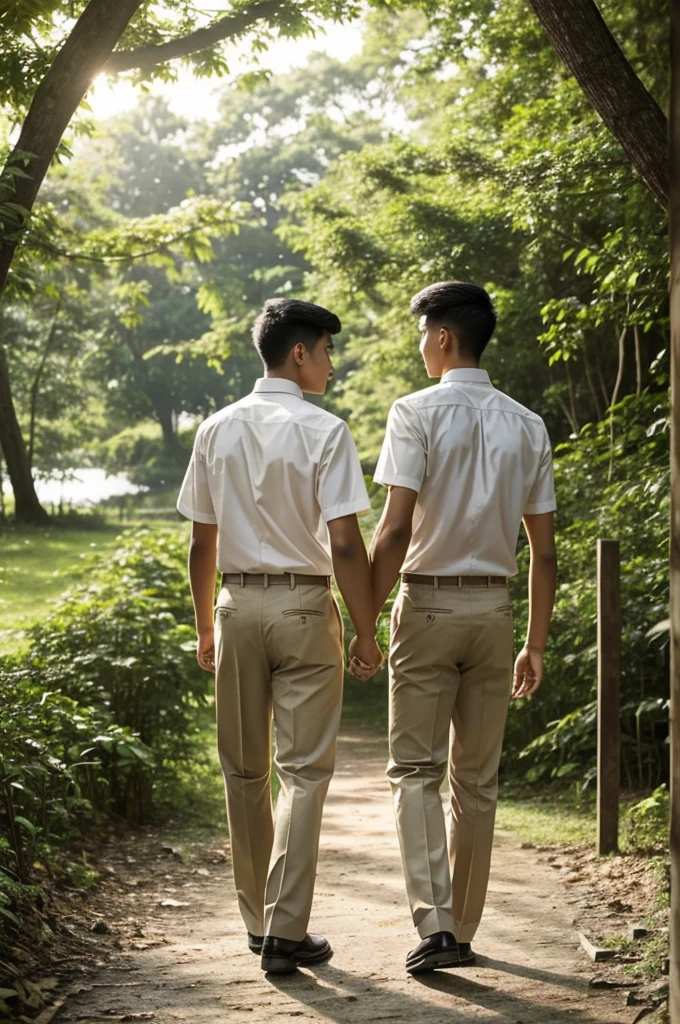 two  Filipino male students in simple uniforms white button-down shirt and brown trousers (The other guy is very tall, fit and slightly muscular and the other guy is shortand cute) both are looking back, holding hands in a abandoned gazebo, surrounded by nature, plants and trees and beautiful flowers near a lake. Ethereal soft, romantic 