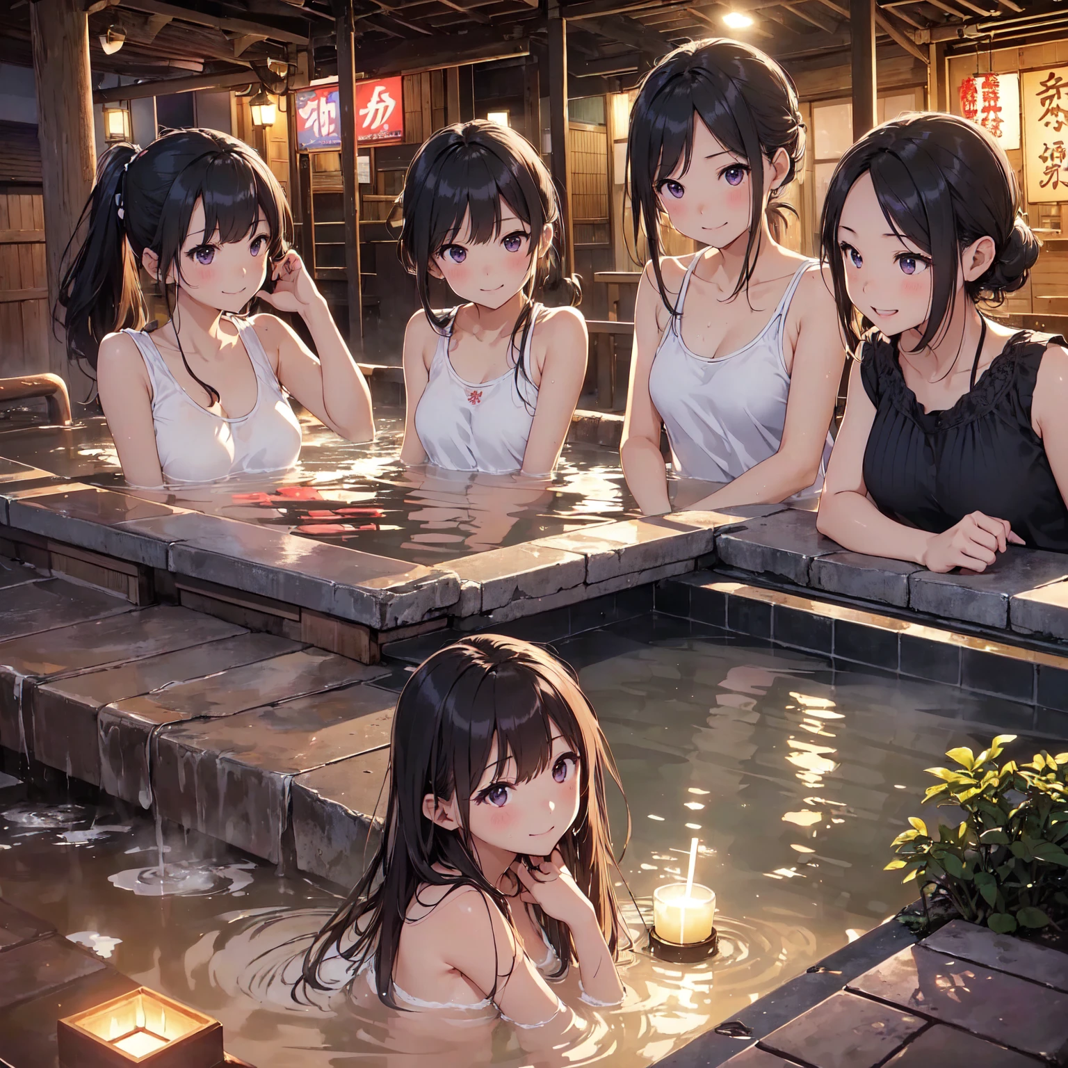 ((Highest quality)), ((masterpiece)), (detailed),Perfect Face,Strong light,With front light,A group of teens with small breasts and tans, fully nude and without underwear, sitting side by side with their legs spread, showing a close-up of their crotches to the camera in a hot spring at night,