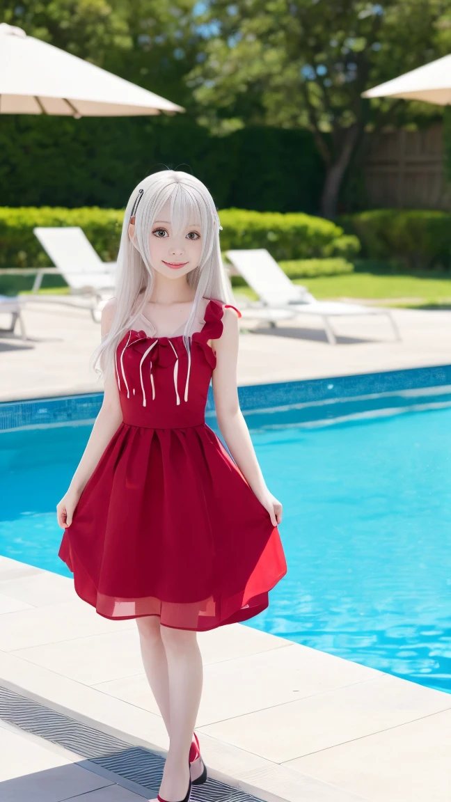 Anime girl with long white hair and red dress standing in a pool, , Cute girl anime visuals, nyaruko-san, , , Anime VTuber Full Body Model, Cute anime waifu in a nice dress, shikamimi, White-haired God, Anime Moe Art Style, Gap Moe Yandere