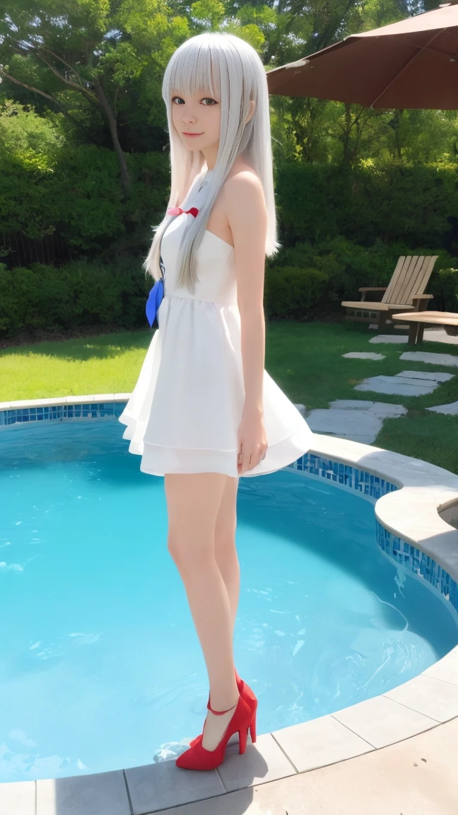 Anime girl with long white hair and red dress standing in a pool, , Cute girl anime visuals, nyaruko-san, , , Anime VTuber Full Body Model, Cute anime waifu in a nice dress, shikamimi, White-haired God, Anime Moe Art Style, Gap Moe Yandere
