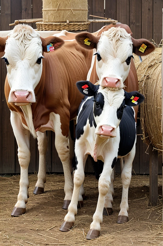 Photo of a cow made of straw, it has a along with a calf drinking milk from that cow