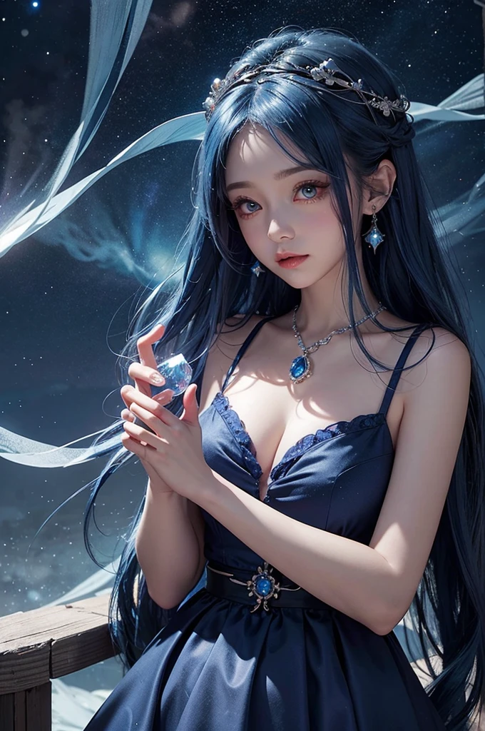 Ultra HD、A beautiful blue-haired character、Holding a blue crystal in both hands、Cute big eyes、close、Red burning cheeks、Night scene with starry sky background、fortune teller、Wearing a gorgeous dress、Subtle details、A fantastic atmosphere、Anime style