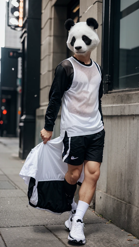 Panda man in a white mesh dress with black white shorts and black white Nike Air Max Alpha