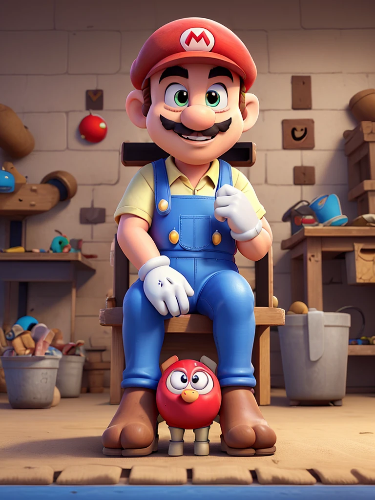 Super Mario working in a sandal factory, sitting on a mat 