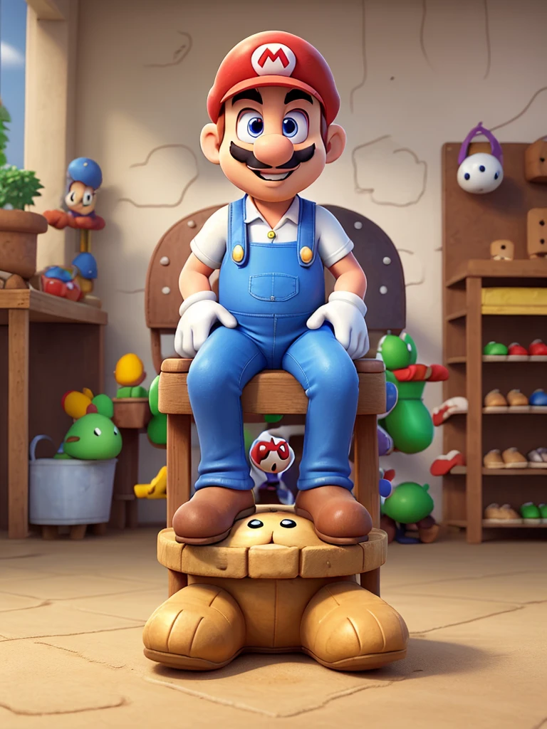 Super Mario working in a sandal factory, sitting on a mat