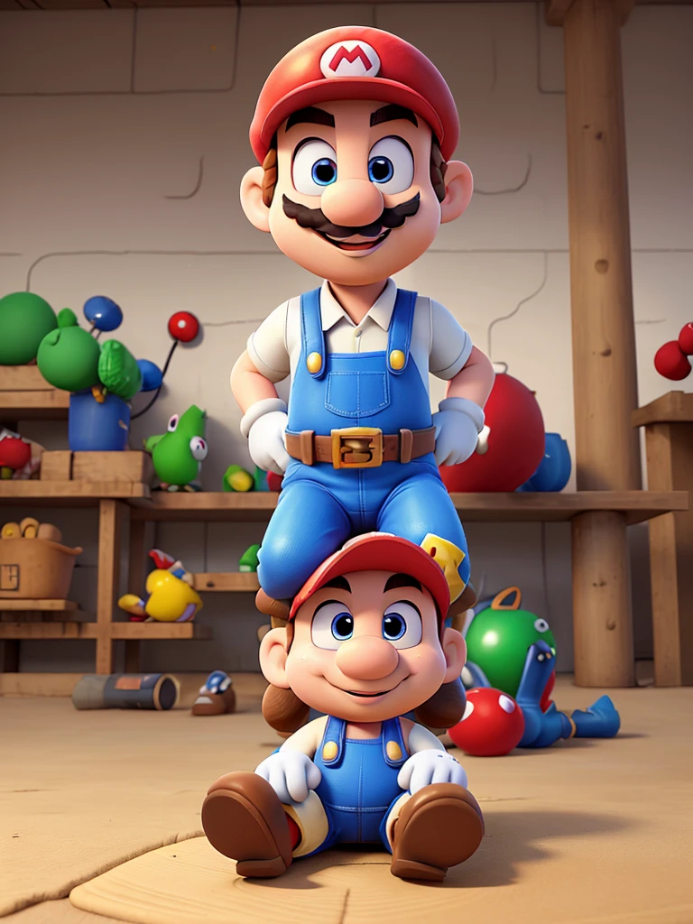 Super Mario working in a sandal factory, sitting on a mat 