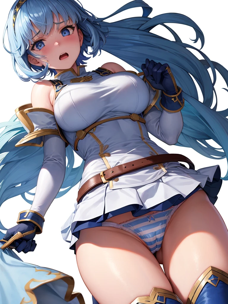 (White background:1.2),1girl,BREAK,Blue Hair, short hair, blue eyes, cute, Narrow waist, small, Toned Up, Large Breasts, Bare shoulders, Red neckerchief, Blue elbow gloves, Blue fingerless gloves, Pauldrons, belt, breastplate, White headband, Short dress, Dress slit, Blue tight boots, Blue long boots, Pegasus Knight Uniform (Fire emblem), low length,blush,Scared,distress,Open your mouth,(Her skirt is lifted up and her panties are visible,Blue and white striped panties:1.3)