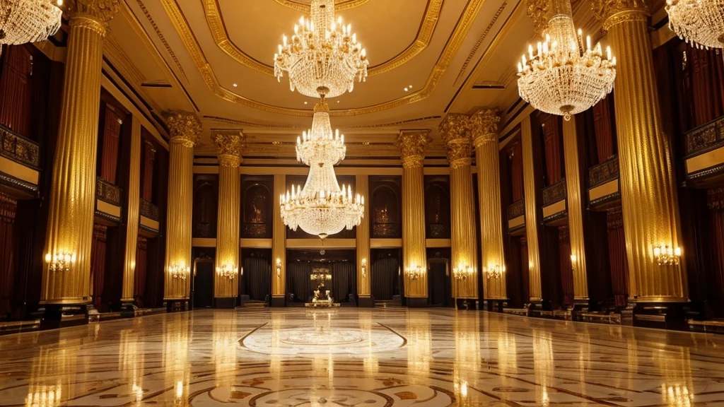 A very spacious and luxurious golden hall with a large chandelier