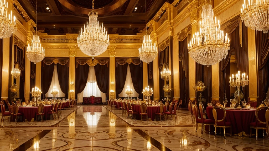 A very spacious and luxurious golden hall with a large chandelier