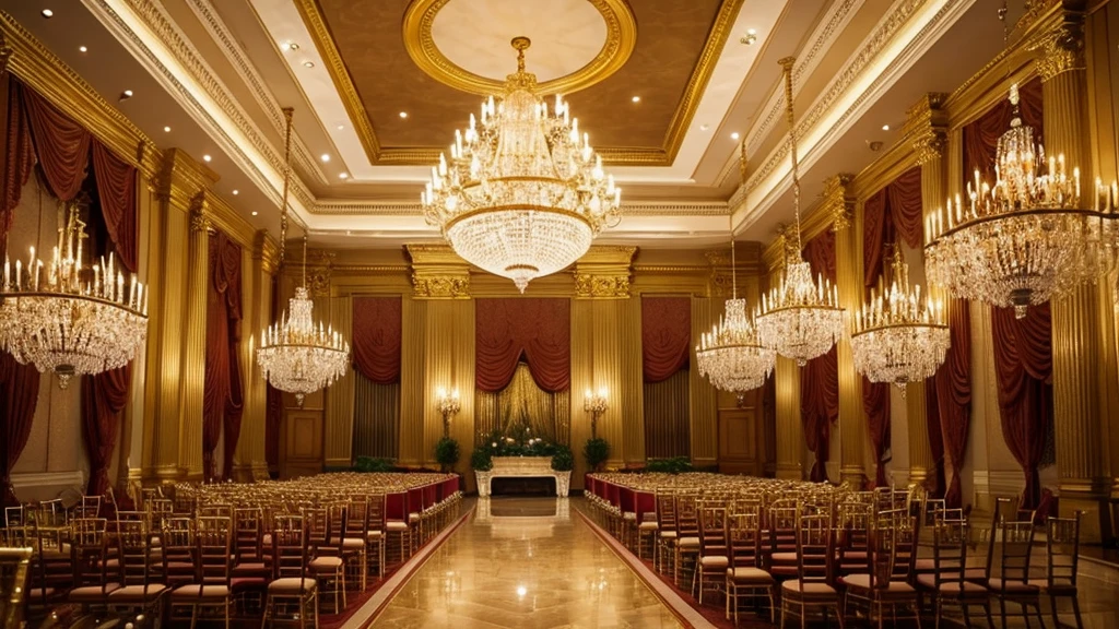 A very spacious and luxurious golden hall with a large chandelier