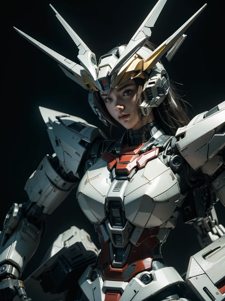 Textured skin, Super Detail, high details, Best Quality, hight resolution, 1080p, hard disk, a beauty,She wears a futuristic Gundam mecha,(Gundam),Fulll body Shot