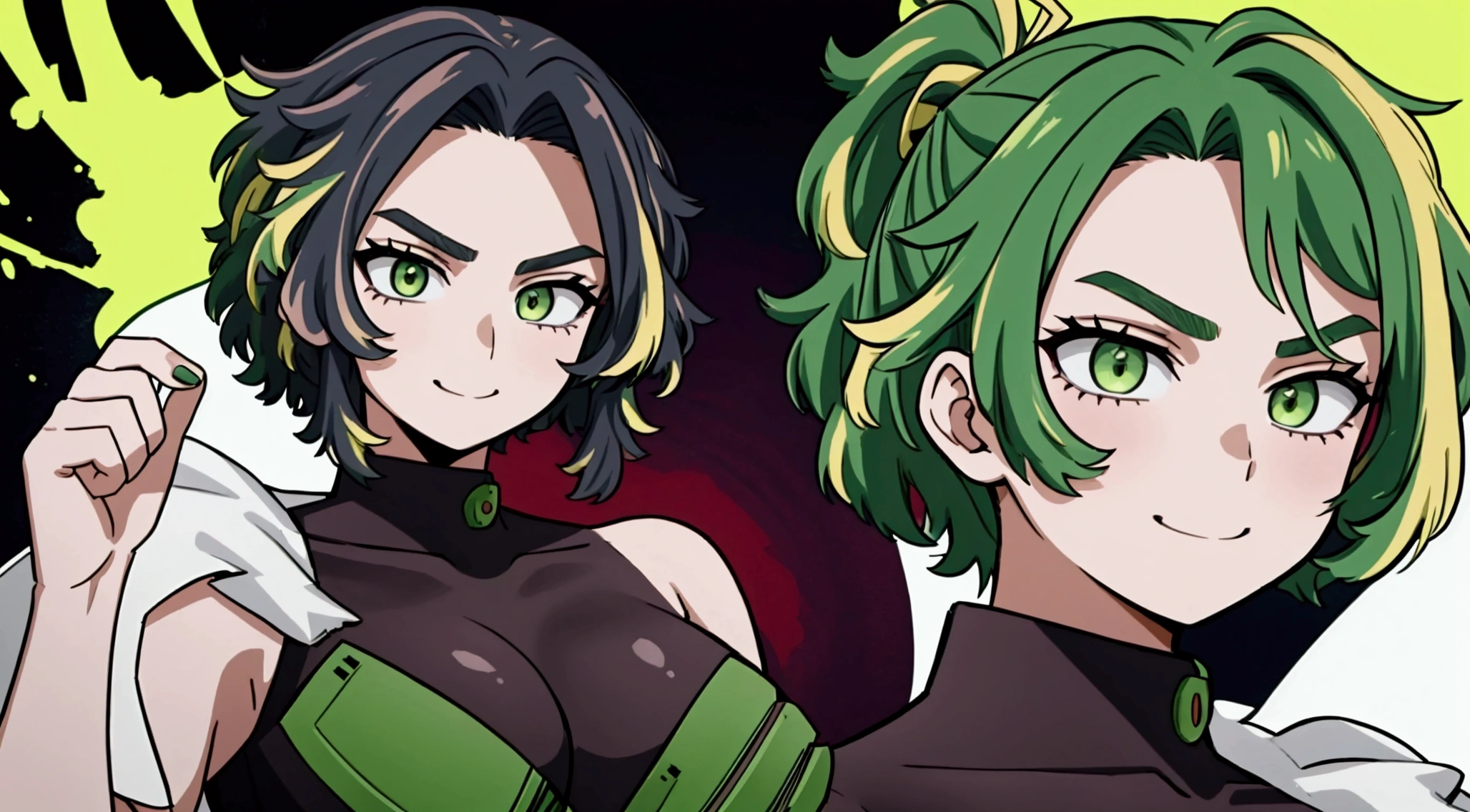 MHA's Lady Nagant is a strong woman with an anime style characteristic of the series. She has vivid green hair, with lime green parts, and a messy, unusual hairstyle. Your eyebrows are short, and her cute look is accentuated by lemon-colored eyes. Her hair is a mix of dark and light strands., creating a unique and attractive visual effect. Lady Nagant wears a neon green heroic costume, and her appearance is complemented by a charming smile and soft lips. The lighting around you highlights the beauty of your voluminous hair and the sophistication of your black outfit., creating a stunning and memorable image.