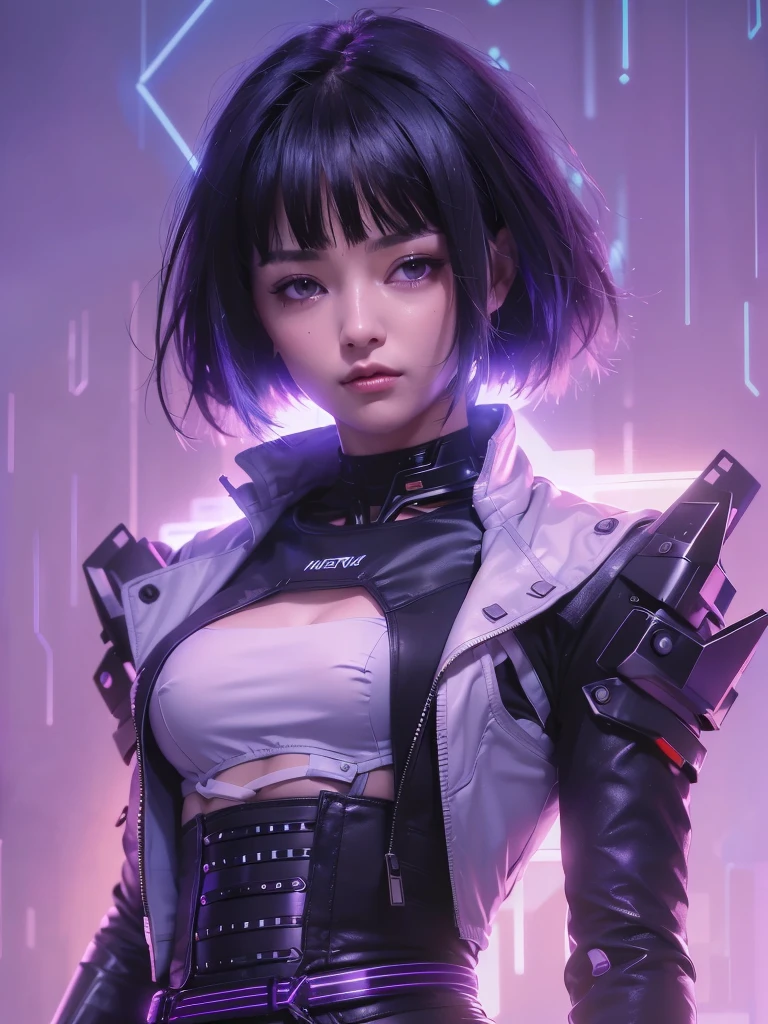(masterpiece:1.3), (8K、photorealistic, Raw photo, best quality:1.4), (1 girl), (solo), (cute, little:1.3), (very cute face:1.2), (Symmetrical perfect face), ((beautiful silver bob cut hairstyle)), bangs, hair is messy, (intense purple eyes, strong eye highlights, realistic目, beautiful eyelashes), (wonderful smile:1.2), (flat chest:1.4), (small natural breasts:1.5), (beautiful thighs), perfect anatomy, glowing skin, (high detail skin: 1.2), dynamic angle, (Stylishly designed white jacket with a patch, white belly button shirt, black tight hot pants, Metal belt in linear configuration, exposed thighs, Finely crafted metal accessories, black choker, Short black boots), accurate arm, five fingers, accurate legs, black metal ornaments, (Decadent and futuristic urban background in the evening), (cyberpunk background, blade runner), (Flashing blue and purple neon tubes), volume lighting, soft light, bright, Bright colors, realistic, highest quality, photo-realistic, upper body close-up
