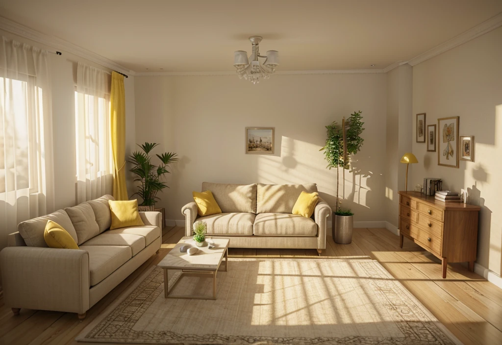 Extremely detailed dollhouse, cozy bedRoom, Lovely 3D rendering, Fascinating light and shadow, White and yellow cushions, architecture, furniture, Indoors, building, living Room, Room, Area rugs, plant, home decoration, sofa, Chair, Interior design