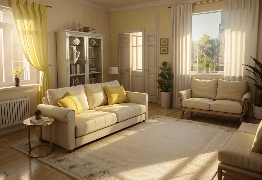 Extremely detailed dollhouse, cozy bedRoom, Lovely 3D rendering, Fascinating light and shadow, White and yellow cushions, architecture, furniture, Indoors, building, living Room, Room, Area rugs, plant, home decoration, sofa, Chair, Interior design