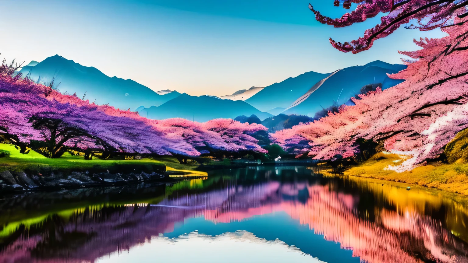 Deep forest, distant mountains, flying birds. Two-dimensional style, bright and vibrant, cherry blossoms cover the mountainside, the sunrise can be seen in the distance, a stream meanders, there are a few daffodils on the bank, the sunrise