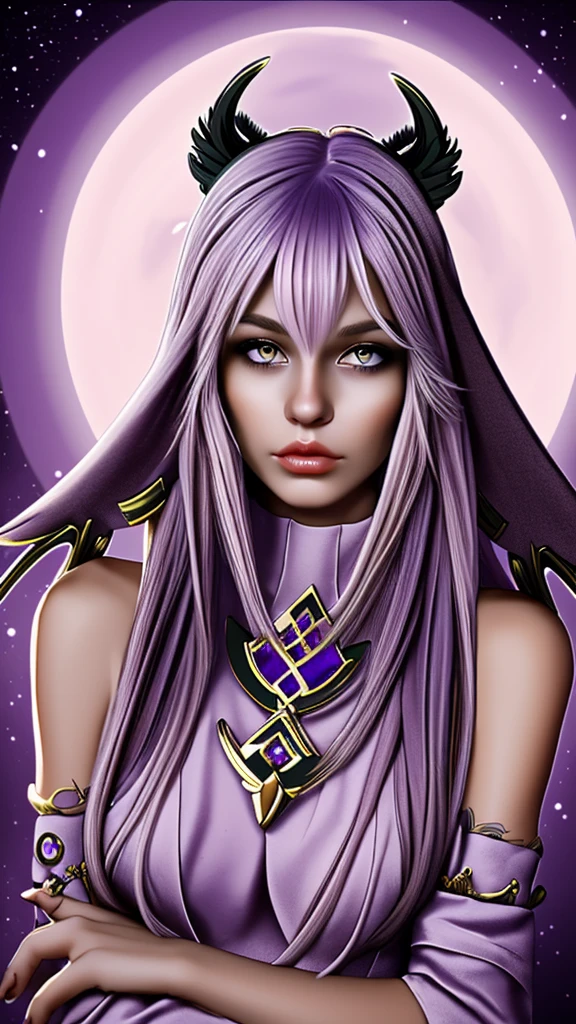 A striking young woman with Scandinavian features, adorned with amethyst-colored lynx ears and hair made of individual amethyst strands. Her captivating eyes and elegant attire enhance her enchanting, mystical appearance.