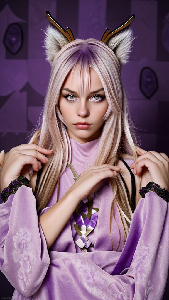 A striking young woman with Scandinavian features, adorned with amethyst-colored lynx ears and hair made of individual amethyst strands. Her captivating eyes and elegant attire enhance her enchanting, mystical appearance.