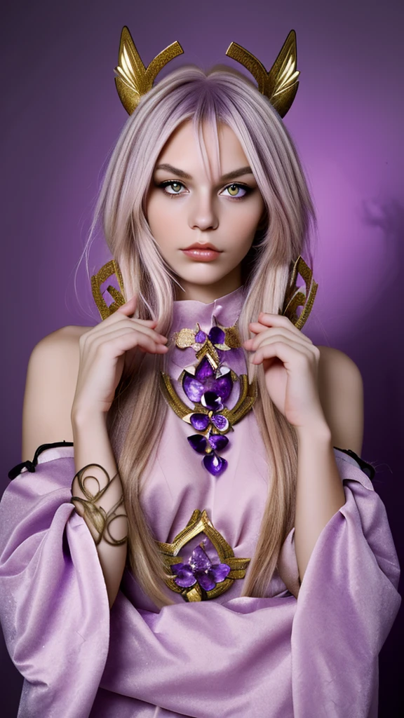 A striking young woman with Scandinavian features, adorned with amethyst-colored lynx ears and hair made of individual amethyst strands. Her captivating eyes and elegant attire enhance her enchanting, mystical appearance.