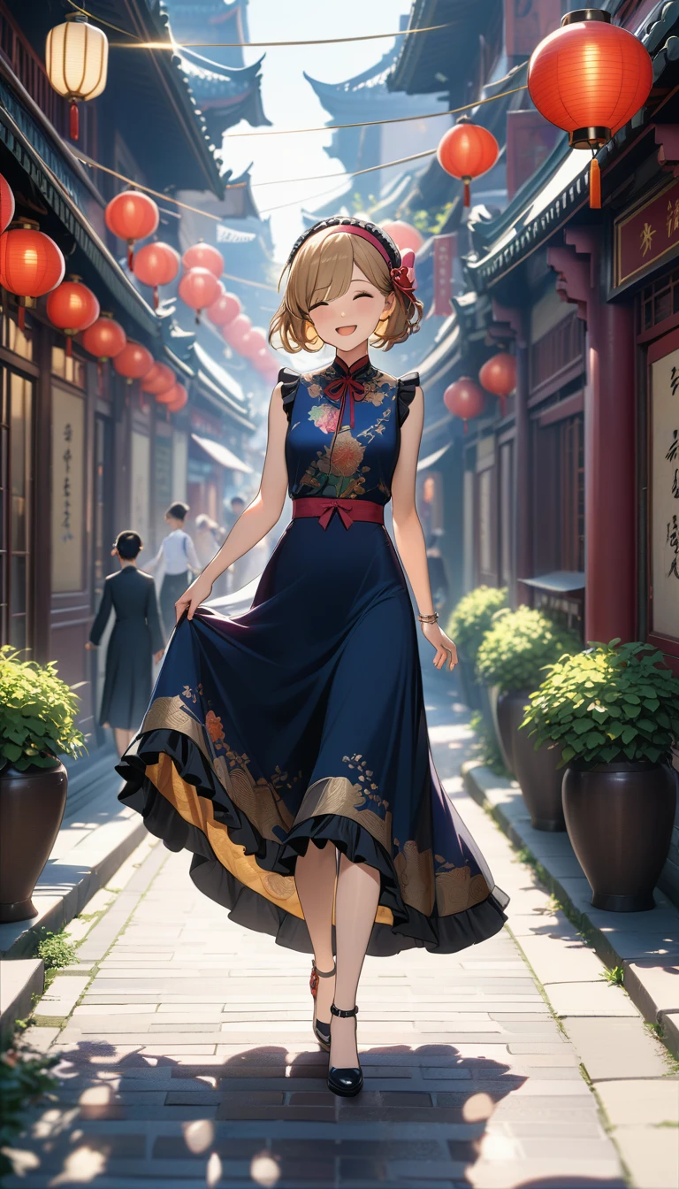 summer,One cute girl,Happy,Walking through Shanghai in the 1920s,fashionable,Chinoiserie long dress,Black midi ruffle petticoat,Ribbon Beads Hairband,Jacquard Separate Pump,Lens flare,Blurred,(Depth of written boundary:1.1),sun rays,masterpiece,Highest quality, Hair color is golden