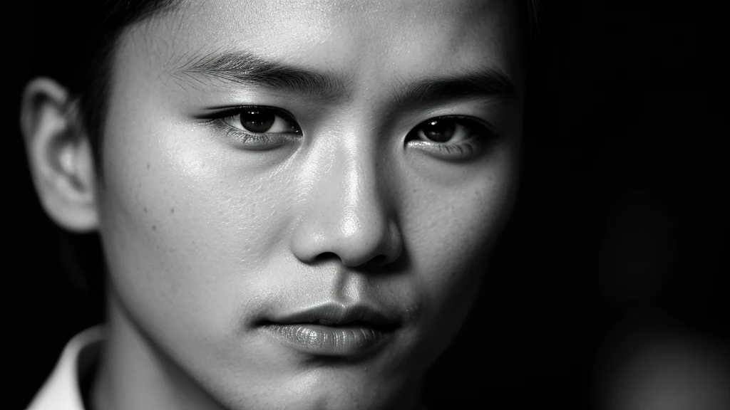 Asian face closeup, focus camera eyes,elegant men,dark theme, detailed skin, dark background, black and white 