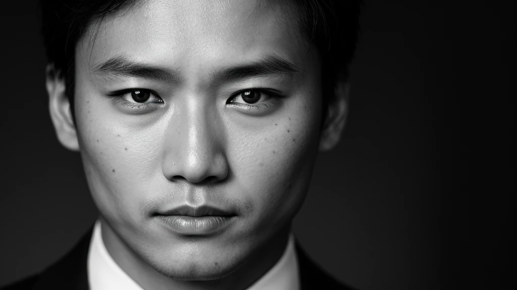Asian face closeup, focus camera eyes,elegant men,dark theme, detailed skin, dark background, black and white 