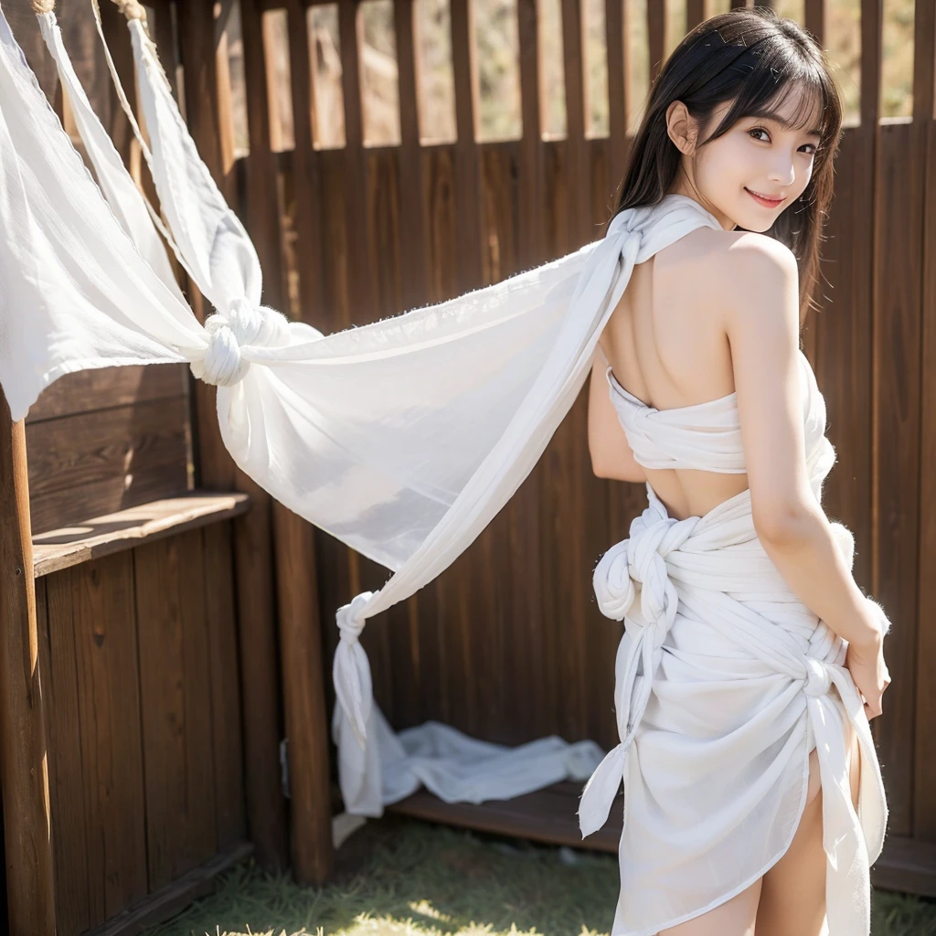 日本people、１people、The most beautiful woman、smile、Shyness、clear、Shiny black hair、((Standing with legs wide open))、Photo Style、length, bangs、light makeup、Standard face、(((Wearing a white Etchu loincloth)))、((Light clothing:0.5))、(She is hiding her breasts by wrapping a cloth around her chest.)、Summer festival、(((From behind, she shows off her cute buttocks and the knot of her loincloth))), 32k, Raw photo、Highest quality、