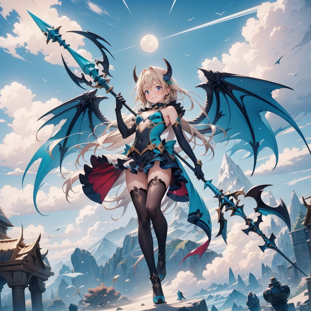 (Turquoise fantasy style) ,(8K),(illusory),Solitary,1 Girl,Yellow hair, Devil's Point,Gradient Wing, Practical, best quality, masterpiece, Ultra Detailed, Ultra-high resolution,rest (outdoor),Flying in the sky,moon,spear,Look at the audience,Scary face