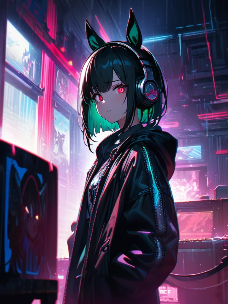 1 Girl, chromatic aberration, Written boundary depth, Soft Light, masterpiece, Highest quality, complicated, Tone Mapping, Very detailed, Art Station, Concept Art, Smooth, Clear focus, Dramatic lighting, Very detailed artwork, movie, super practical painting, Art Station's trending, 8K, Incredible Shadows, practical, (Very detailed background:1.0), whole body, View, Viewers, Very detailed portrait of one girl 1, standing on street corner, Heavy rain and lightning、Dark Sky, neon and cyber punk background, she is dressed in punk clothing with silver chains and silver spikes, Her hair was dyed a bright black color.,The middle part is black, She wears headphones, Detailed red eyes with clear pupils, Ominous aura of light, Sad face, punk, ciber punk, Backlight.Has horse ears、No knowledge of horses'tail、