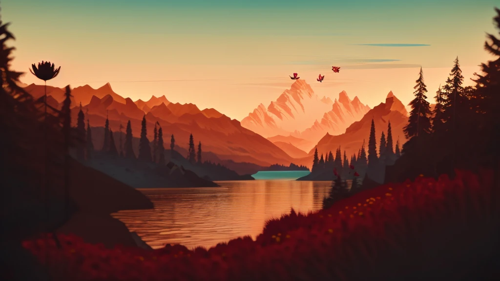 first person view, a lake, a house near the lake, the night, fire flies, flowers, moonligh, clouds, high qualiy, minimalistic