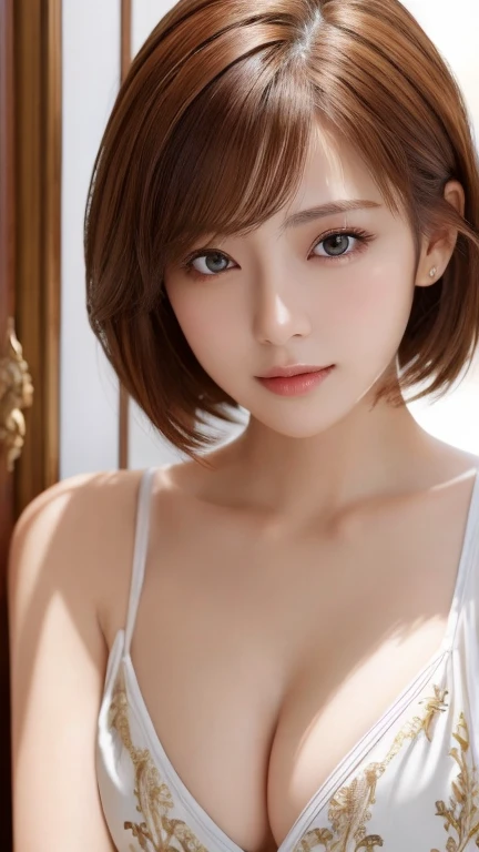 masterpiece、Highest quality、High resolution、Tabletop、wallpaper、Realistic、Bright lighting、Professional Lighting、Face Light、Smooth lighting、Japanese women、Adult、Beautiful woman、action、gravure、sexy、so beautiful、Beautiful Skin、Beautiful and exquisite、Detailed face、slim、short hair、Brunette colored hair、Brown eyes、Looking into the camera、Cleavage