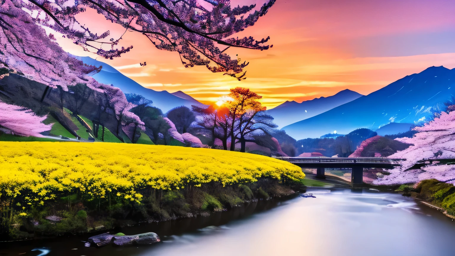 Deep forest, distant mountains, flying birds. Two-dimensional style, bright and vibrant, cherry blossoms cover the mountainside, the sunrise can be seen in the distance, a stream meanders, there are a few daffodils on the bank, the sunrise