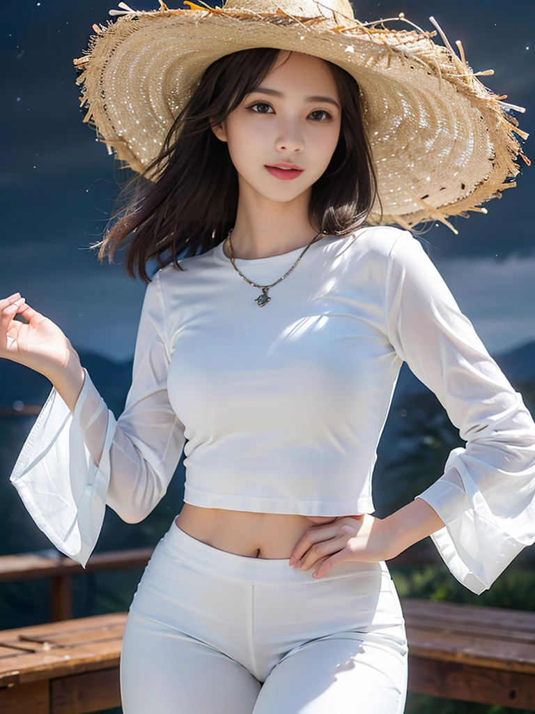 Look at this and smile、Colorful summer clothes、top quality、​masterpiece、超High resolution、(actual:1.4)、Very wide lens、close up、Young woman beautiful、Nice detailed eyes and skin、smile、Short brown hair haircut、bust、Small necklace、、straw fedora hat、、winter snow、(highest image quality: 1.35), high quality, Realistic photo, (A beautiful woman:1.33), beautiful expression, (delicate eyes:1.3), (delicate face:1.3), Smile, (light hair silhouette:1.2), Super detailed , high resolution, Athletic figure, (big breasts:1.25), (long hair:1.2), (beautiful woman), (Cute navel:1.2), ( Depth of field f/1.8:1.45 ), sharp focus, original image , (Thin white shirt:1.45), (Thin white pants:1.4), (Thin white tight pants:1.4 ), (shirt thin white eyelashes:1.4), (thick thighs:1.5), (forward facing:1.25), (cowboy photo:1.4), (night sports:1.4), ( dark sky:1.5 ),