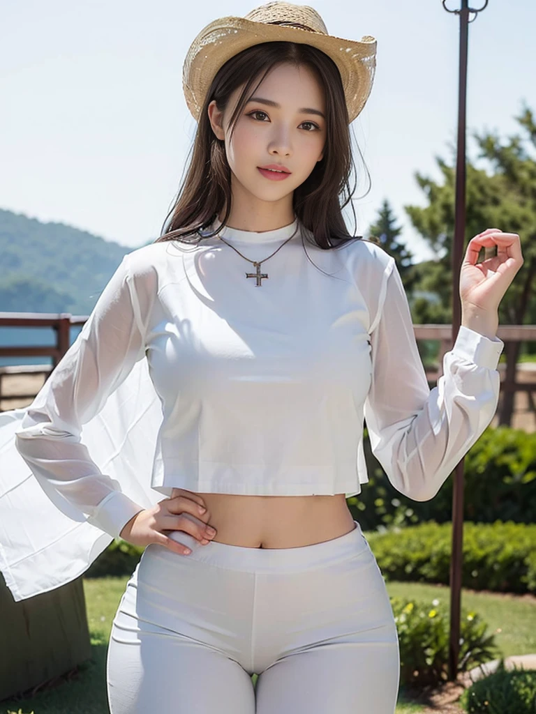 (Best Quality, masutepiece, Ultra HD: 1.3), 1womanl, （middlebreasts）, Black hair, Blunt bangs, hair behind ear, hair over shoulder, （Long hair）,（ slender body shape）, （Ultra Fine Face）, Delicate lips,（Beautiful eyes）, thin blush, Eyes are black, （perfect glossy skin, flawless skin, Glistening sweat:1.3）,鎖骨, hairarmpits,View here, hide one's hands, See-through white blouse, White see-through mini skirt, pumps. White beret,  bustshot,Broad-leaved forest