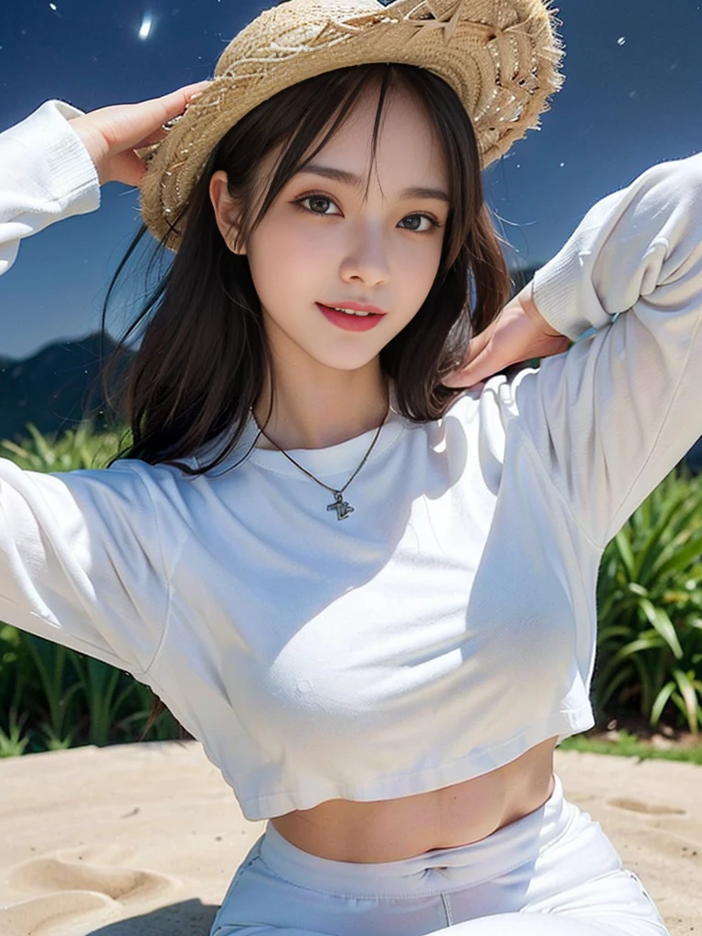 Look at this and smile、Colorful summer clothes、top quality、masterpiece、超High resolution、(actual:1.4)、Very wide lens、close up、Young woman beautiful、Nice detailed eyes and skin、smile、Short brown hair haircut、bust、Small necklace、、straw fedora hat、、winter snow、(highest image quality: 1.35), high quality, Realistic photo, (A beautiful woman:1.33), beautiful expression, (delicate eyes:1.3), (delicate face:1.3), Smile, (light hair silhouette:1.2), Super detailed , high resolution, Athletic figure, (big breasts:1.25), (long hair:1.2), (beautiful woman), (Cute navel:1.2), ( Depth of field f/1.8:1.45 ), sharp focus, original image , (Thin white shirt:1.45), (Thin white pants:1.4), (Thin white tight pants:1.4 ), (shirt thin white eyelashes:1.4), (thick thighs:1.5), (forward facing:1.25), (cowboy photo:1.4), (night sports:1.4), ( dark sky:1.5 ),