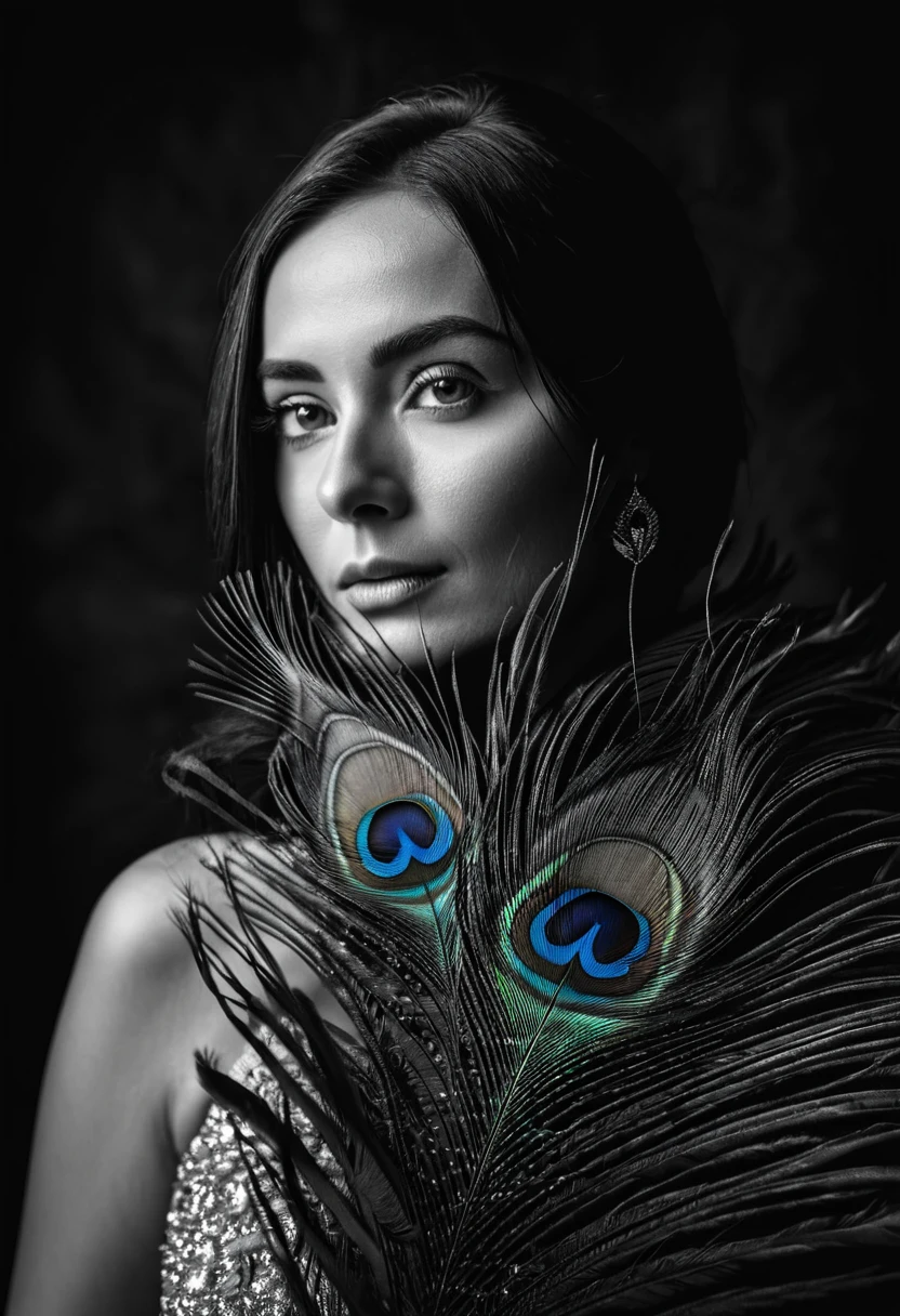 black and white, ultra clear raw photo of woman with a peacock feather, close up, dark background