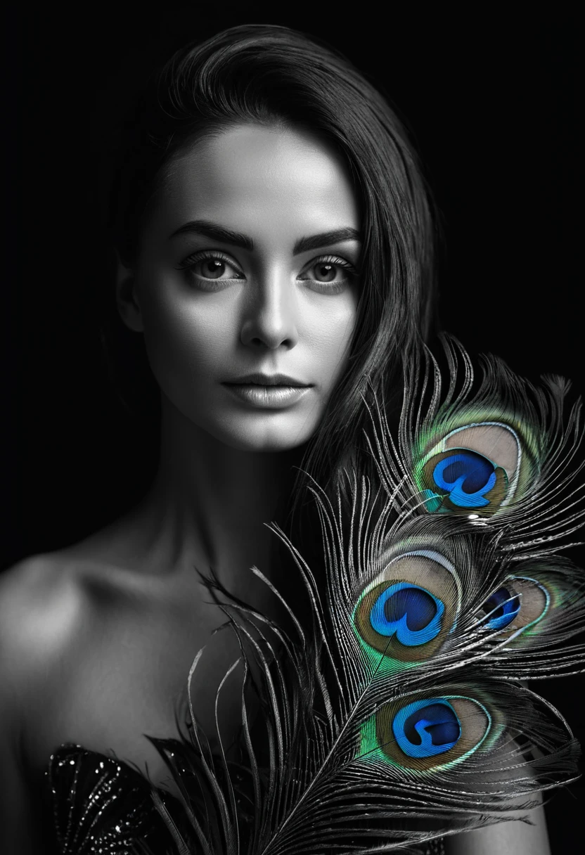 black and white, ultra clear raw photo of woman with a peacock feather, close up, dark background